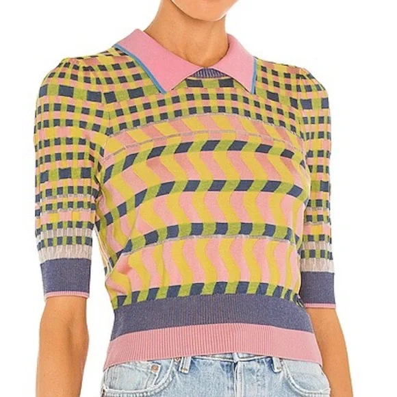 DIANE VON FURSTENBERG Jenny short sleeved knot top floating gingham pink size XL - Picture 13 of 13